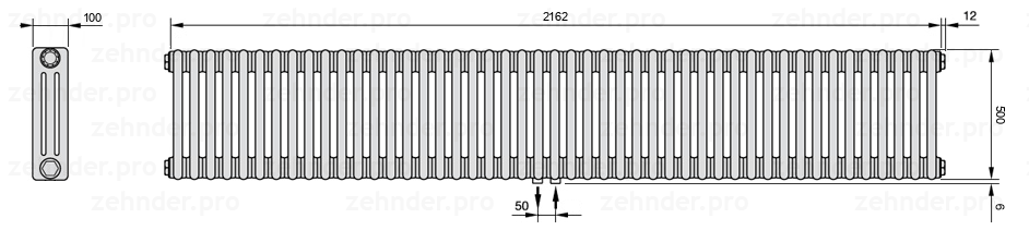 Схема (чертеж) Радиатор Zehnder Charleston 3050/47 №5410 Белый глянцевый RAL 9016